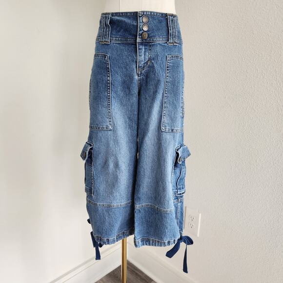 Y2K No Boundaries Denim Cargo Pants Mid Rise Cropped Cinched Utility Jeans 4 - Picture 1 of 16